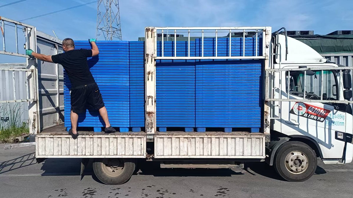 工作人员整理蓝色塑料托盘装车