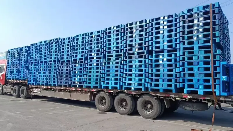 蓝色塑料托盘半挂整车满载发货，发往省外方向
